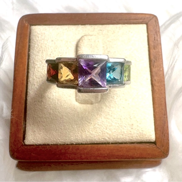 Vtg 925 Silver Amethyst, Blue Topaz, Citrine, Garnet, and Peridot Ring Size 6.5 - Picture 2 of 9
